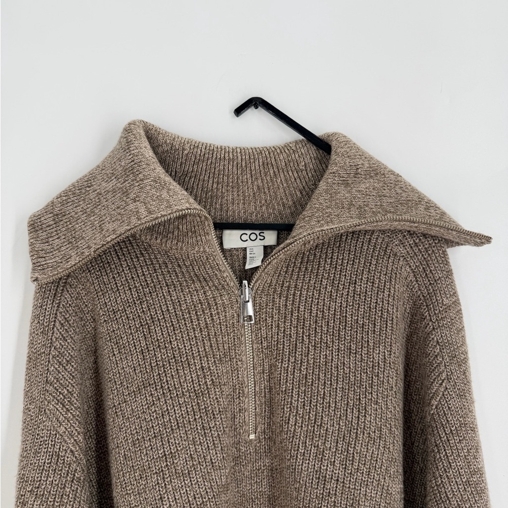 Cos Half Zip Ribbed Knit Wool Blend Jumper In Beige Dark Brown Melange